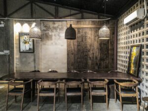 A Long Table with Armchairs Indoors