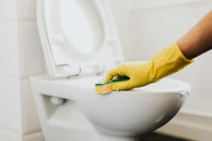 Crop cleaner in rubber glove wiping toilet rim