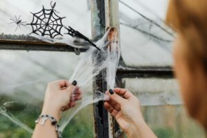 Woman Removing Thick Spider Web from Window